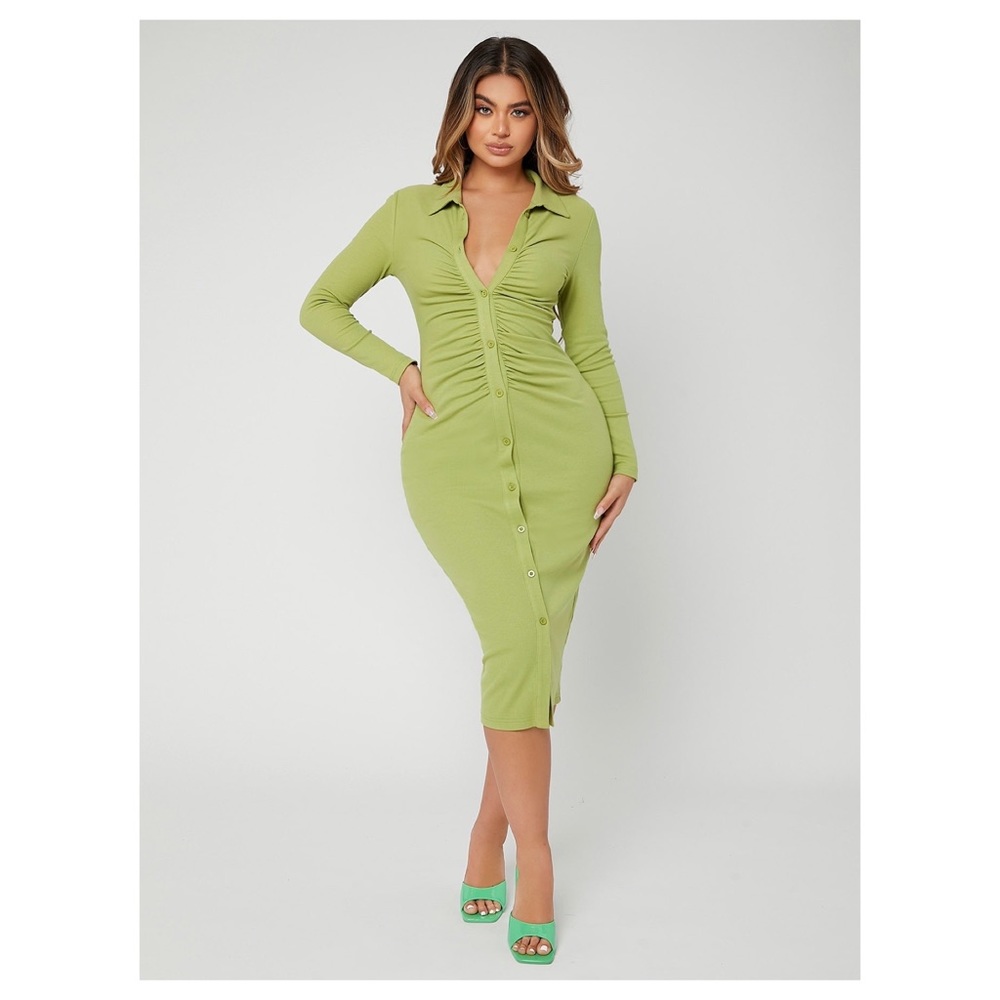 Ruched Button Through Bodycon Dress